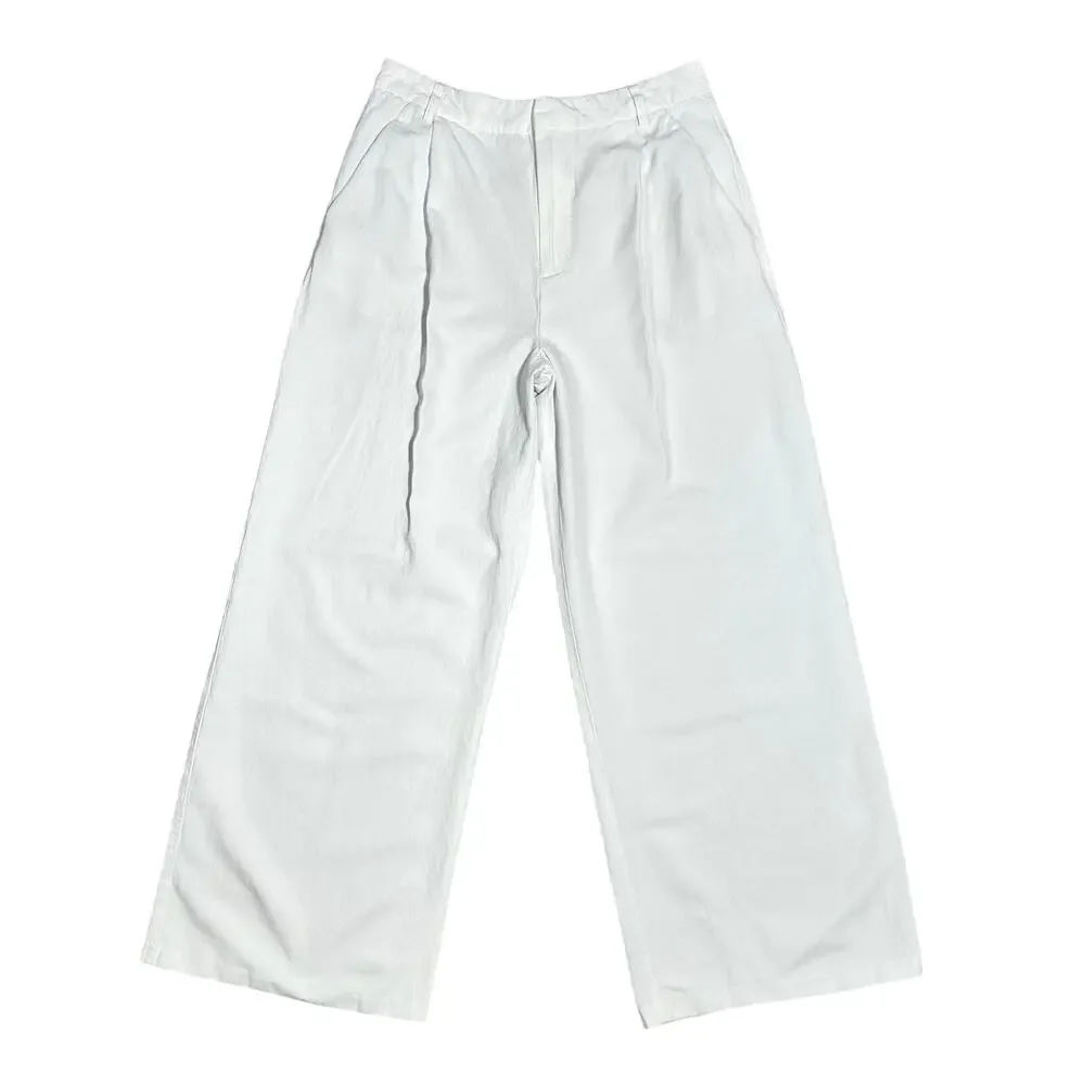 Zara | Women | White Linen Blend Pleated Summer Wide Leg Trousers | Medium